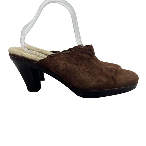 UGG Stacked Block Heeled Mules Womens 9.5 Brown Suede Shearling Lining Slip On - Picture 1 of 11